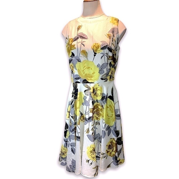 Gabby Skye Fit-N-Flare Midi Dress Off White Floral Yellow Roses 50's Style Gown - Picture 1 of 12